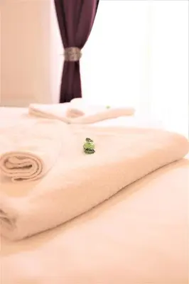 a green turtle sits on the edge of a bed at Flowers apartments in Prague