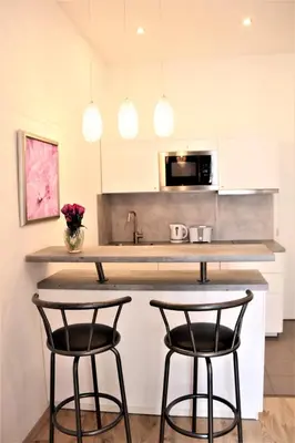 a kitchen with two bar stools and a counter at Flowers apartments in Prague