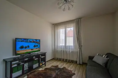 a living room with a flat screen tv and a couch at Unique Charles Bridge 2BDR Apartment. in Prague