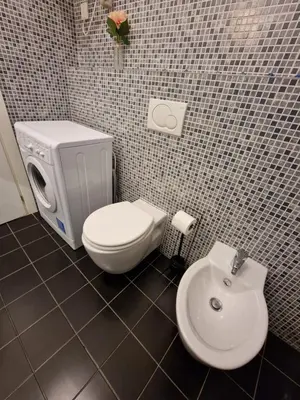 a bathroom with a toilet and a sink at Reznicka Apartments in Prague