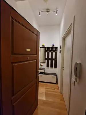 a hallway with a door and a room with a mirror at Reznicka Apartments in Prague