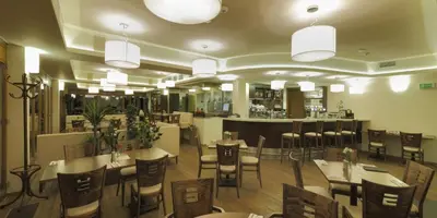 a restaurant with tables and chairs and a bar at Esmarin wellness hotel in Mníšek pod Brdy