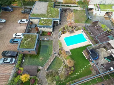 an overhead view of a swimming pool in a yard at Apartment Rezidence La in Prague