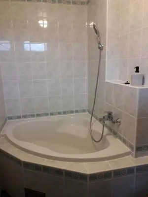 a bath tub with a shower in a bathroom at Apartment 144 in Kněževes