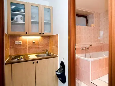 a bathroom with a sink and a bath tub and a sink at Pension Apartment Granit in Prague