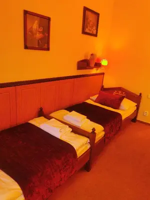 two beds in a room with yellow walls at River Star Hotel in Prague