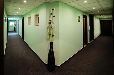 a long hallway with a vase with flowers in it at Bona Serva in Prague