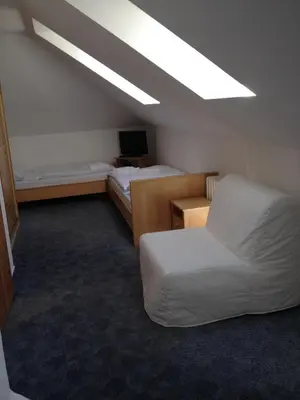 a room with two beds and a couch and a skylight at Pension Filip in Prague