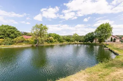 a lake with trees and houses in the background at Apartmány Pod Řípem in Roudnice nad Labem
