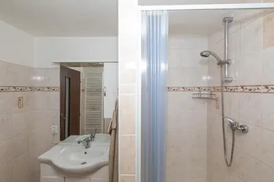 a bathroom with a toilet and a sink and a shower at Apartmány Pod Řípem in Roudnice nad Labem