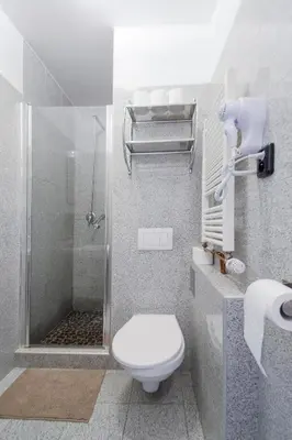 a small bathroom with a toilet and a shower at Modern Apartment Skolska 20 in Prague