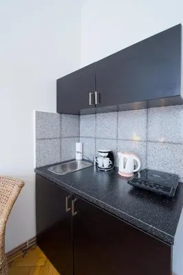 a kitchen with a sink and a counter top at Modern Apartment Skolska 20 in Prague