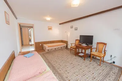 a living room with a bed a desk and a tv at Pension U kostela in Český Brod