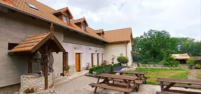 a house with a wooden door and two benches at Ubytování U Tajčů in Dolní Beřkovice