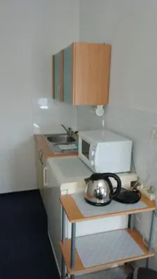 a small kitchen with a sink and a microwave at Penzion Ariane in Prague