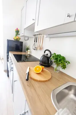a kitchen counter with an orange on a cutting board at Prague Castle Garden Apartment in Prague