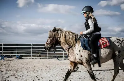 a woman riding a horse in a corral at Výhledna in Beroun
