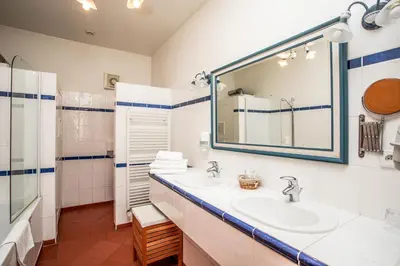 a bathroom with a sink and a mirror at Hotel Dvur Hoffmeister in Velké Číčovice