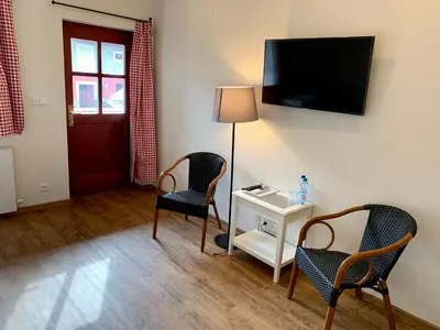 a living room with two chairs and a table and a tv at Hotel Dvur Hoffmeister in Velké Číčovice