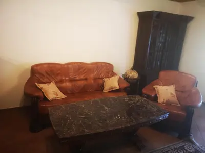 a living room with a leather couch and a table at Green Apartments in Luštěnice