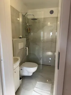 a bathroom with a toilet and a glass shower at U Pichlerů in Klipec