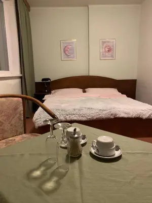 a table with a tea set on top of it with a bed at Hotel-Pension KAMÝK in Prague