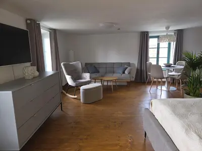 a living room with a couch and chairs and a tv at Homutův statek in Kokořín
