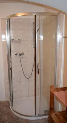 a shower with a glass door in a bathroom at Rychta in Rataje nad Sázavou