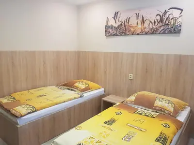 two beds in a room with yellow sheets at Penzion Hudebka in Louny