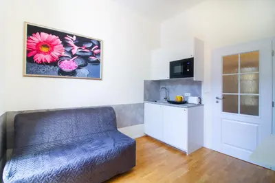 a living room with a couch and a kitchen at Bouquet Apartments in Prague