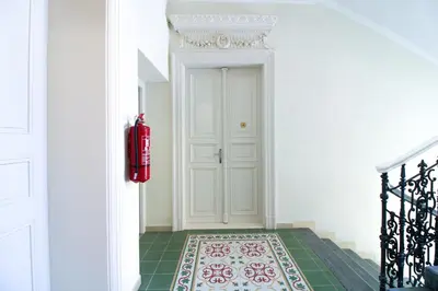 a hallway with a white door and a rug at Bouquet Apartments in Prague