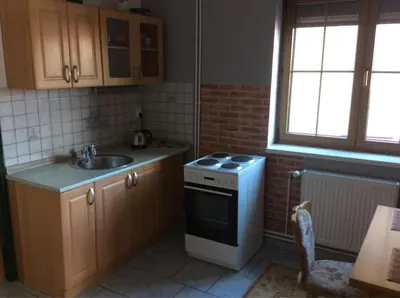 a small kitchen with a stove and a sink at gemuetliche unterkunft bei prag in Smečno