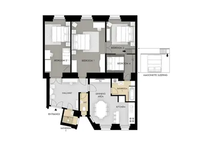 a plan of the floor of a house at Luxurious Kafka family apt in Old Town in Prague