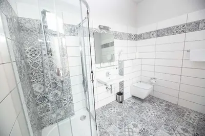 a bathroom with a shower and a toilet and a sink at Penzion Královské lázně in Poděbrady