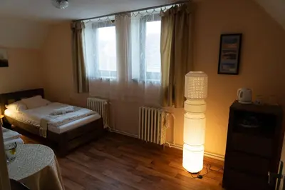 a bedroom with a bed and a lamp in it at Hotel U Beránků in Libochovice