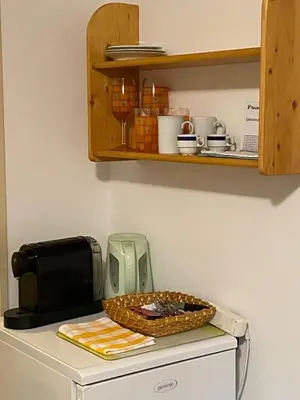 a microwave sitting on top of a refrigerator at Apartment Trojska in Prague