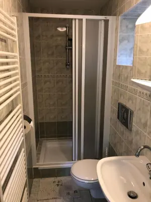 a bathroom with a shower and a toilet and a sink at Apartment Trojska in Prague