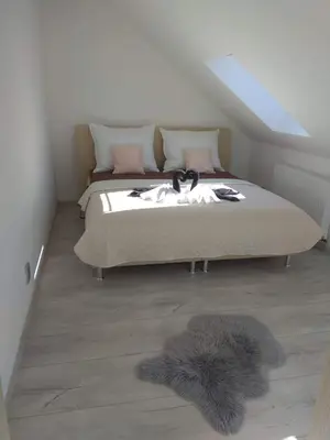a bedroom with a bed and a furry rug at VIP suite hotel Heinz in Dobříš