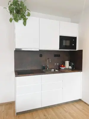 a white kitchen with a sink and a microwave at Apt 100 Prague in Prague