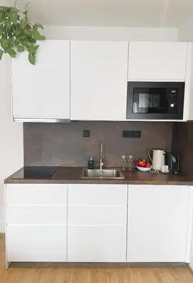 a white kitchen with a sink and a microwave at Apt 100 Prague in Prague