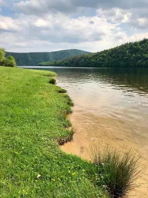 a grassy field next to a body of water at Kemp Andělská laguna Slapy in Nalžovice