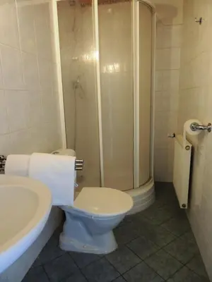 a bathroom with a toilet and a sink and a shower at Penzion Pohoda Beroun in Beroun