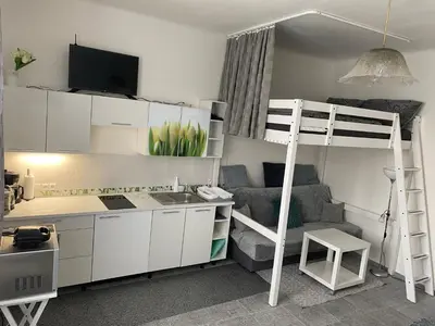 a small room with a bunk bed and a couch at Tulip Apartment in Prague