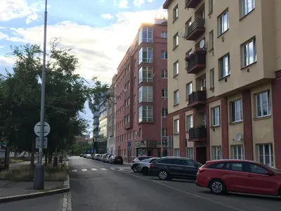 a street with cars parked on the side of a building at Tulip Apartment in Prague