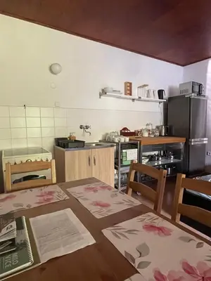 a kitchen with a table and a kitchen with a stove at Šafářův statek Milovice in Milovice