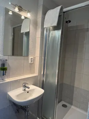 a bathroom with a sink and a shower at Apartmán Kaiser in Prague