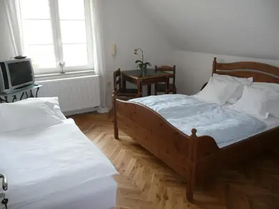 a bedroom with two beds and a television at Penzion Venkoff in Sázava