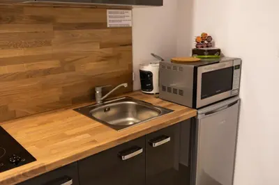 a kitchen with a sink and a microwave at Rezidence Hadovitá in Prague