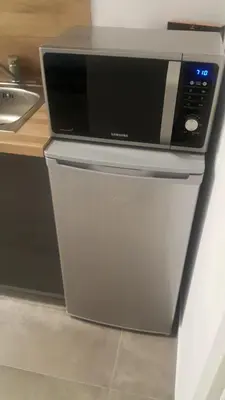a microwave oven sitting on top of a refrigerator at Rezidence Hadovitá in Prague