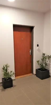 a brown door in a room with two potted plants at Rezidence Hadovitá in Prague